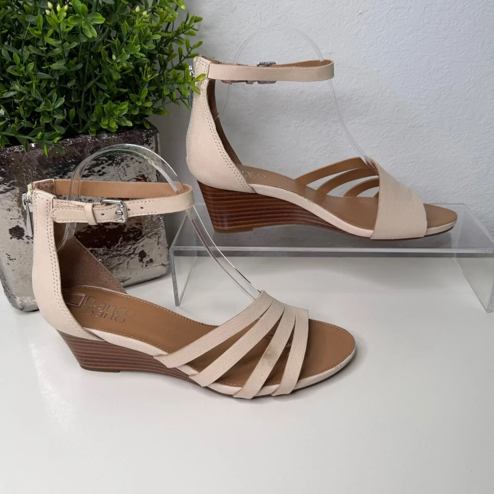 Franco Sarto Dutch Wedge Sandals Womens Cream Leather Strappy Minimalist 7.5M